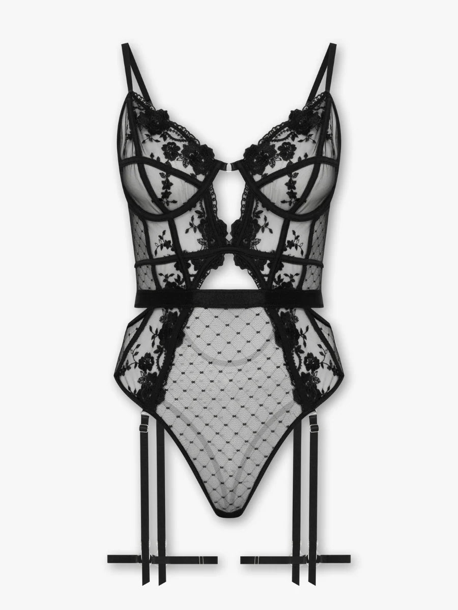Deluxe Siyah Dantelli Body & Jartiyer Takımı