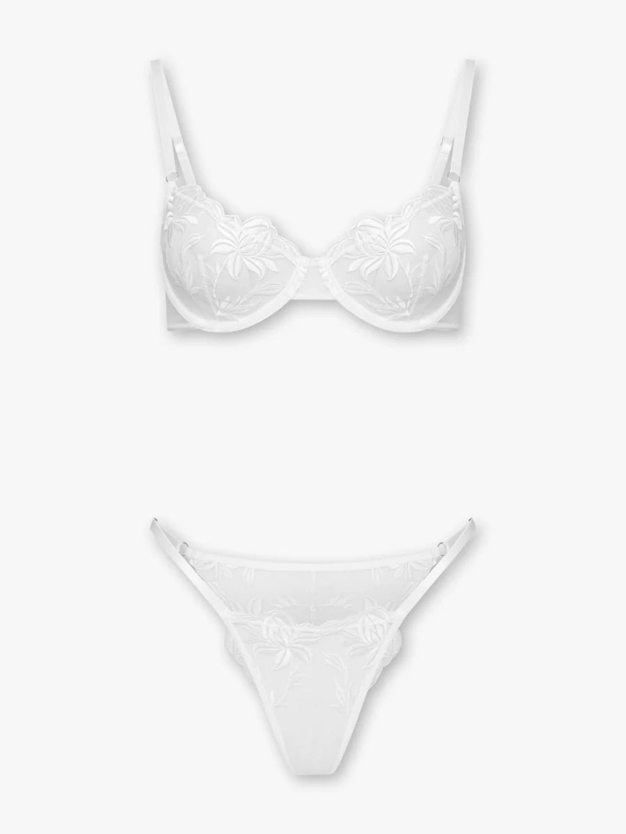 Beyaz Çiçek Nakışlı Tül Sütyen & String Takımı