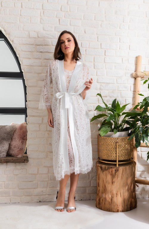 Gelin Set Transparan Midi Boy Kuşaklı Sabahlık Ekru -F12176