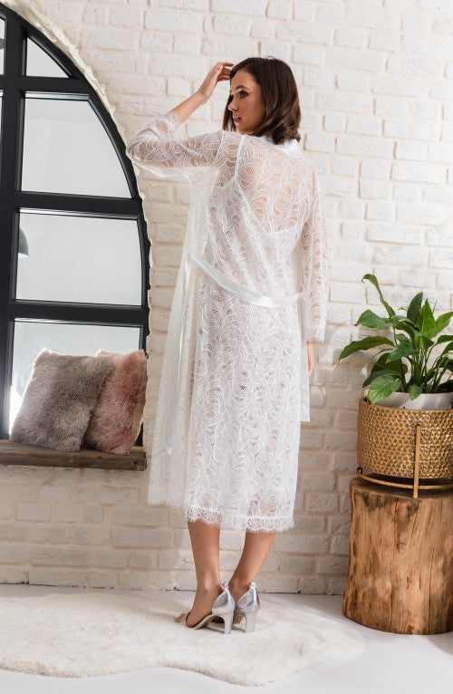 Gelin Set Transparan Midi Boy Kuşaklı Sabahlık Ekru -F12176