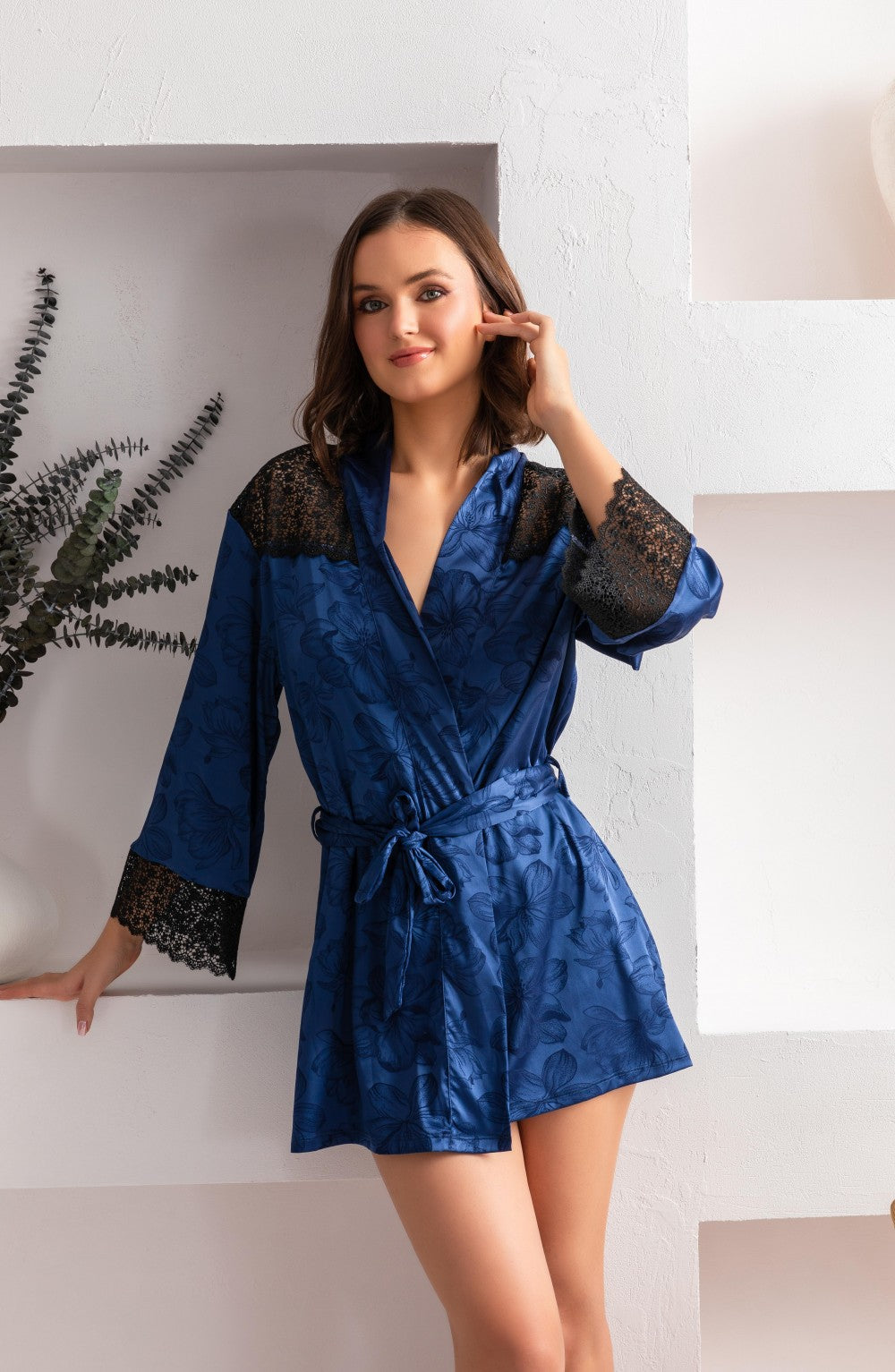 Kuşaklı Mini Boy Sabahlık Lacivert -F12116