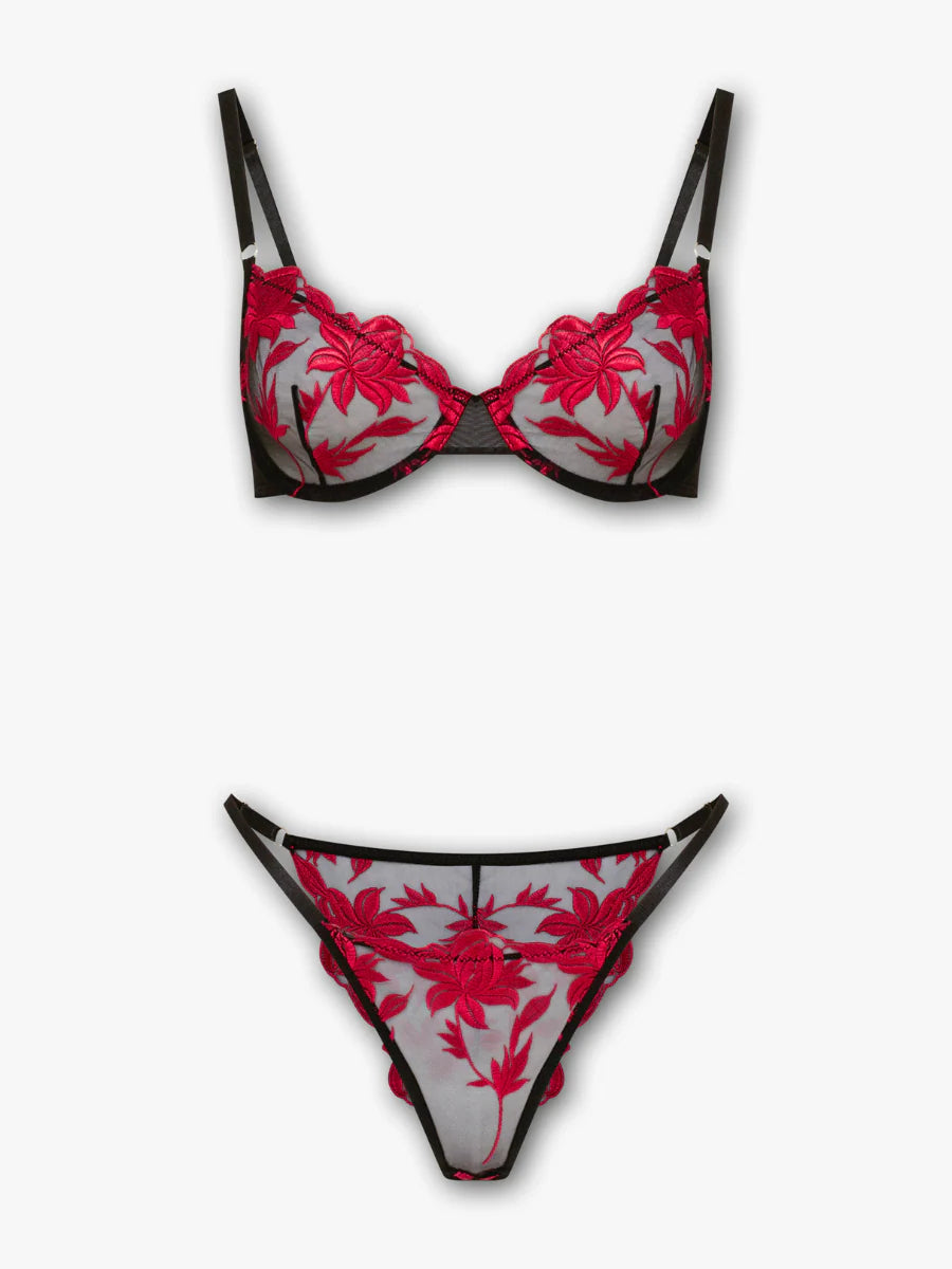 Kırmızı Çiçek Nakışlı Tül Sütyen & String Takımı