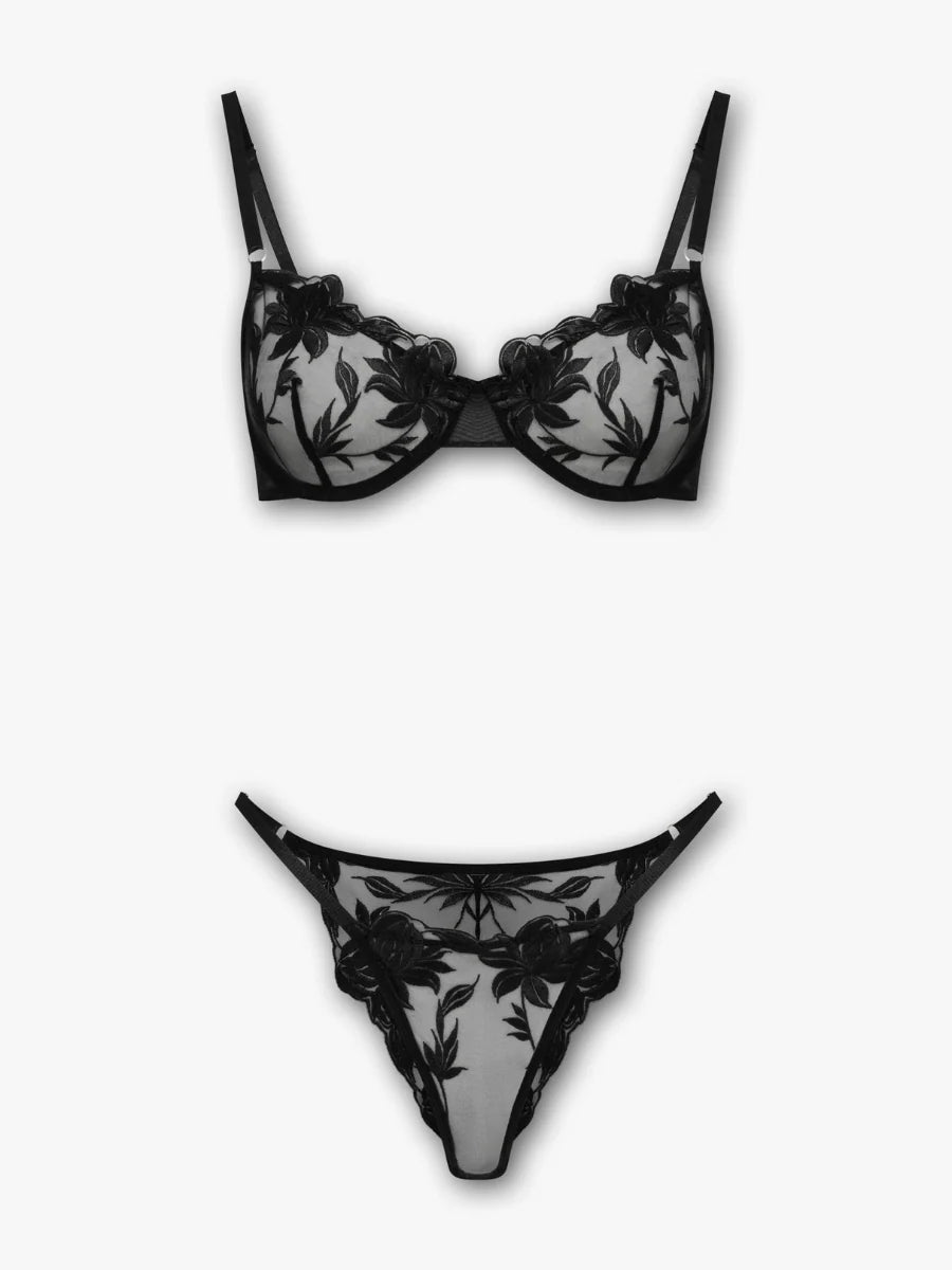 Siyah Çiçek Nakışlı Tül Sütyen & String Takımı