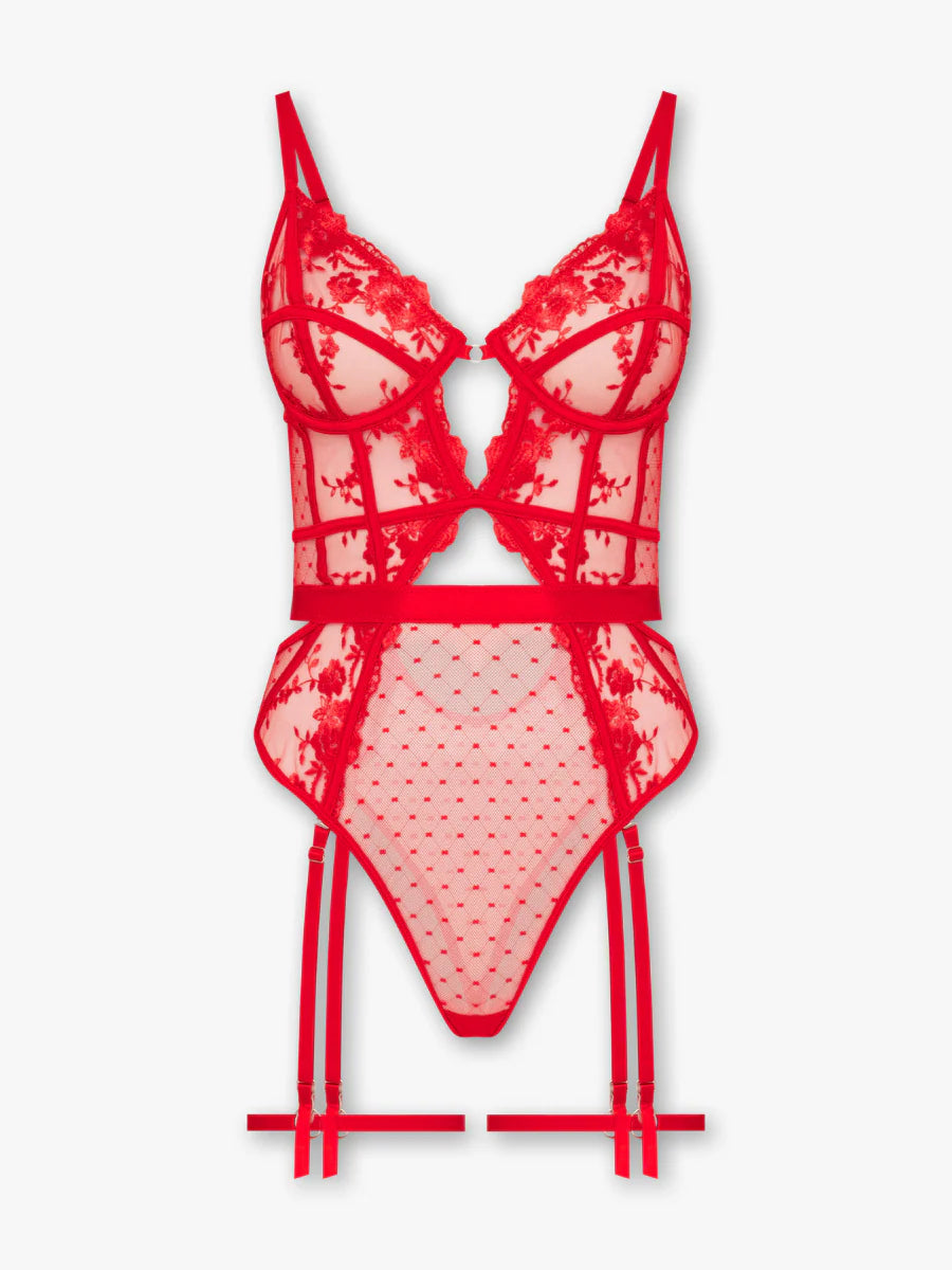 Tutku Kırmızısı Dantelli Body & Jartiyer Takımı