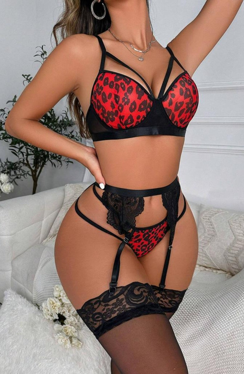 Kırmızı Leopar Dantelli Fantezi Jartiyer Takımı -F2014