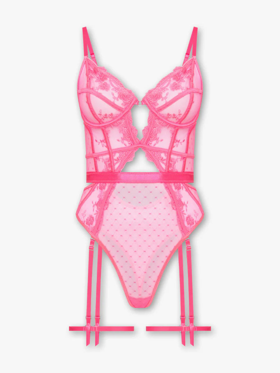 Şeker Pembe Dantelli Body & Jartiyer Takımı